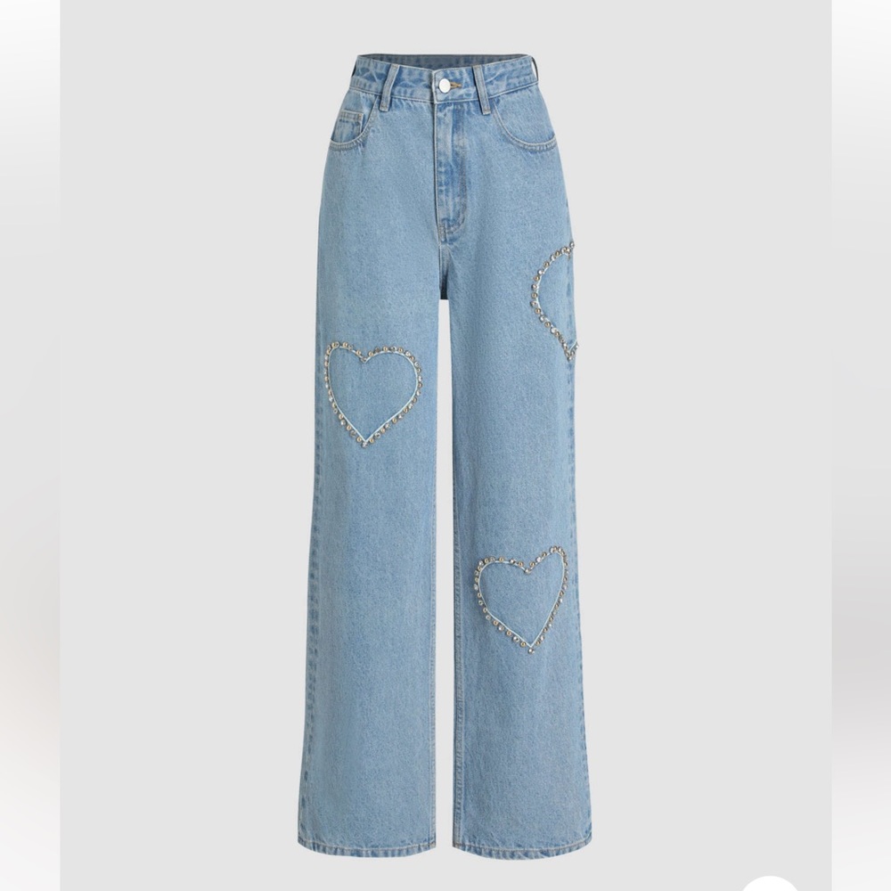 Denim Heart Rhinestone Wide Leg Jeans